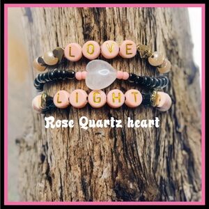 Rose Quartz heart Pink and Black Beaded Bracelet Set ( New - Handmade )
